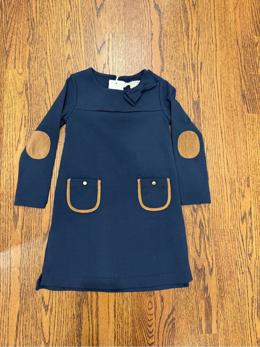 Girls Navy Long-Sleeve Bow Dress with Tan Pocket & Elbow Accents